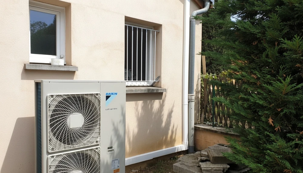 Unité extérieure de pompe à chaleur air/eau Daikin, installée contre la façade d'une maison individuelle en crépi beige