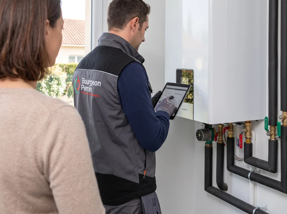 Un technicien qualifié en tenue professionnelle (polo ou salopette de la marque) expliquant ou effectuant une installation de chauffage/climatisation à un client satisfait dans un intérieur résidentiel. La scène doit montrer une interaction positive et professionnelle, illustrant l'engagement et le suivi personnalisé de l'équipe.